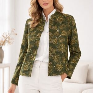 Marsh Landing Green Paisley Floral Bead Sequin Button Up Blazer Cotton Blend